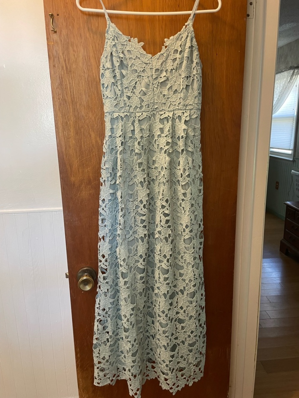And the Why Light Blue Lace Maxi Dress with Spaghetti Straps
Size small